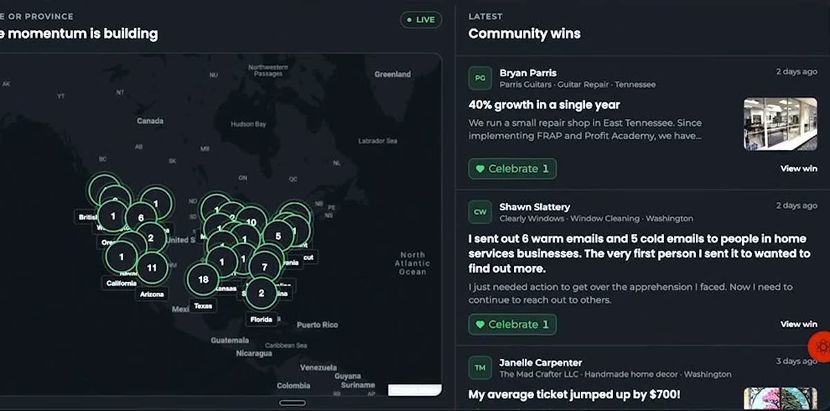 The FRAP software's wins map: a map of North America with green pins counting owners by state beside a feed of community wins, one reading 40% growth in a single year and another my average ticket jumped up by $700.