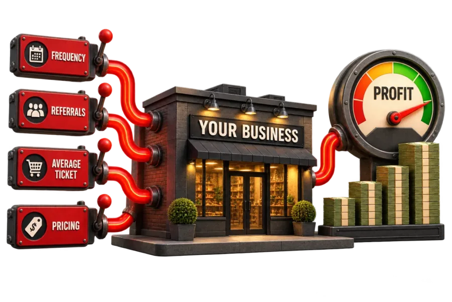 Four red levers marked frequency, referrals, average ticket and pricing feed a small business, and a profit gauge on the far side swings into the green.