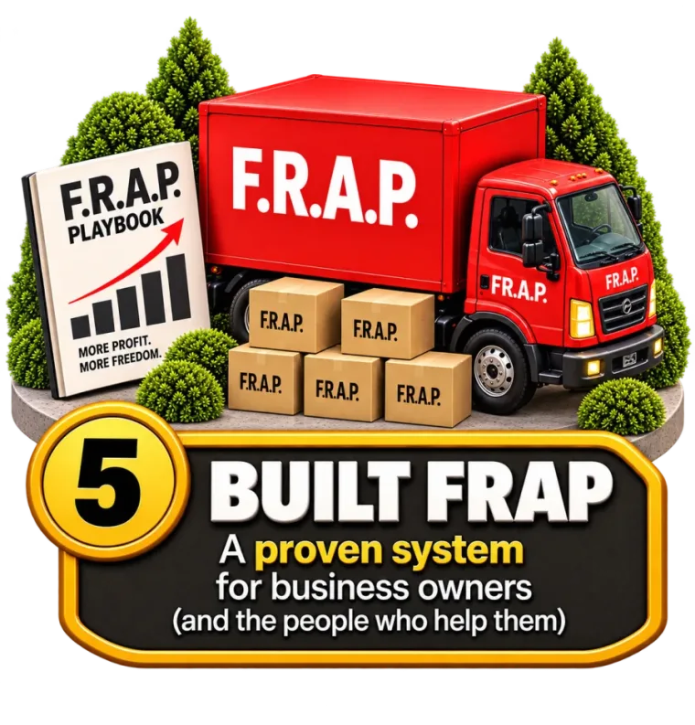 Badge 5, Built FRAP: the red FRAP truck, the playbook, and boxes of the system.